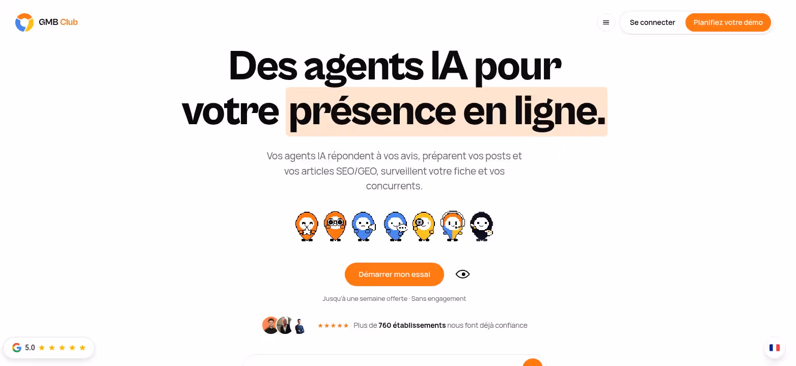Page d'accueil de GMB Club : des agents IA qui répondent aux avis, préparent les publications et les articles, et surveillent la fiche Google