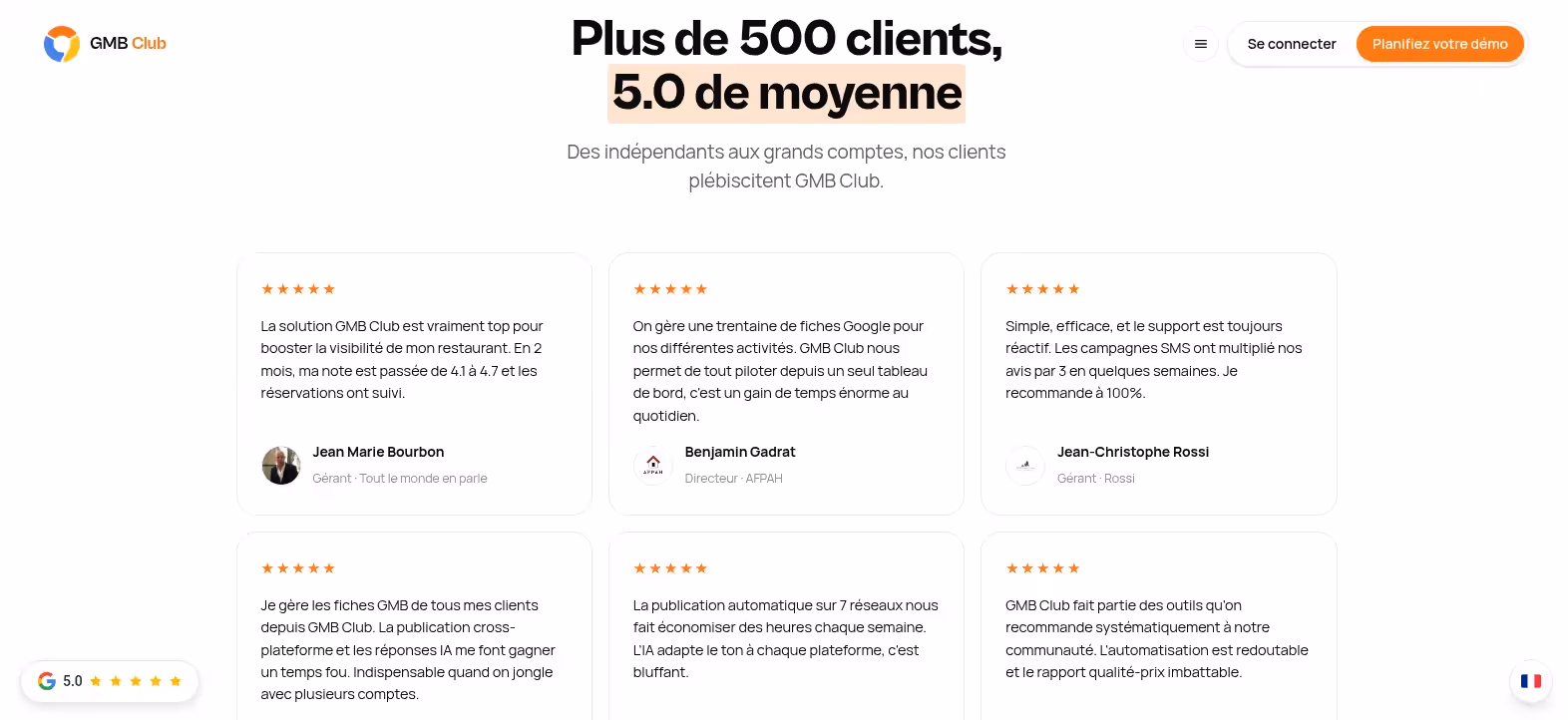 Témoignages de clients de GMB Club : restaurant, réseau de fiches Google, campagnes SMS de demande d'avis