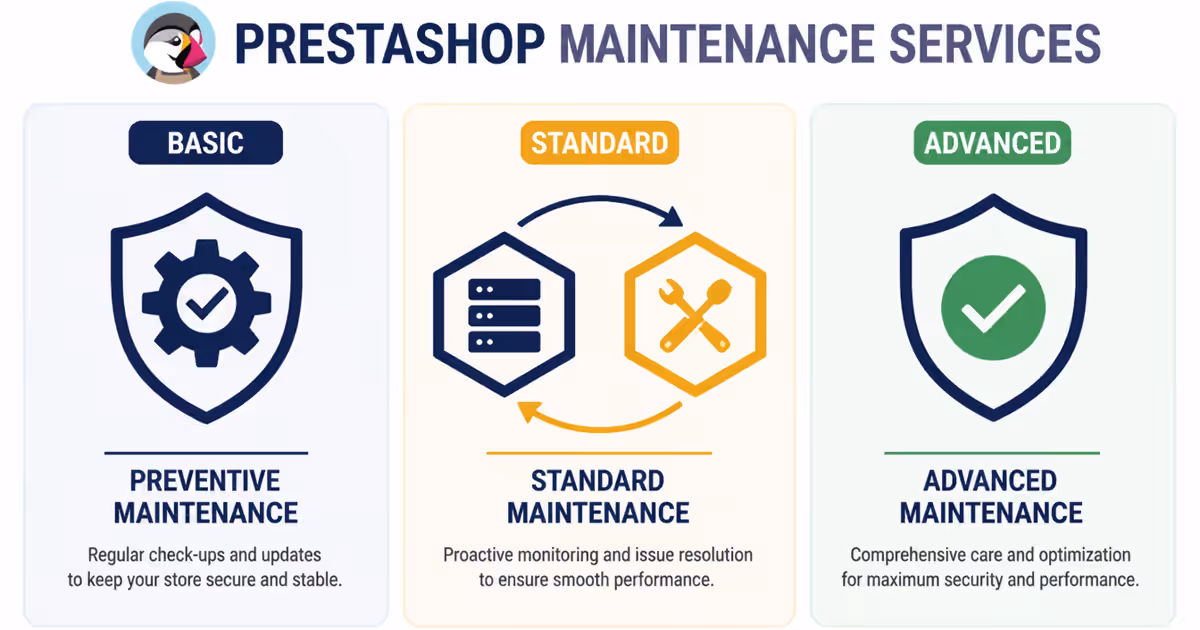 Infographie des différents niveaux de maintenance PrestaShop : préventive, standard et avancée.