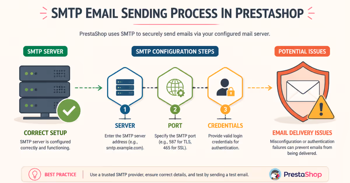 Infographie montrant le processus d'envoi d'e-mails en utilisant SMTP dans PrestaShop, avec des icônes de serveur, port et identifiants.