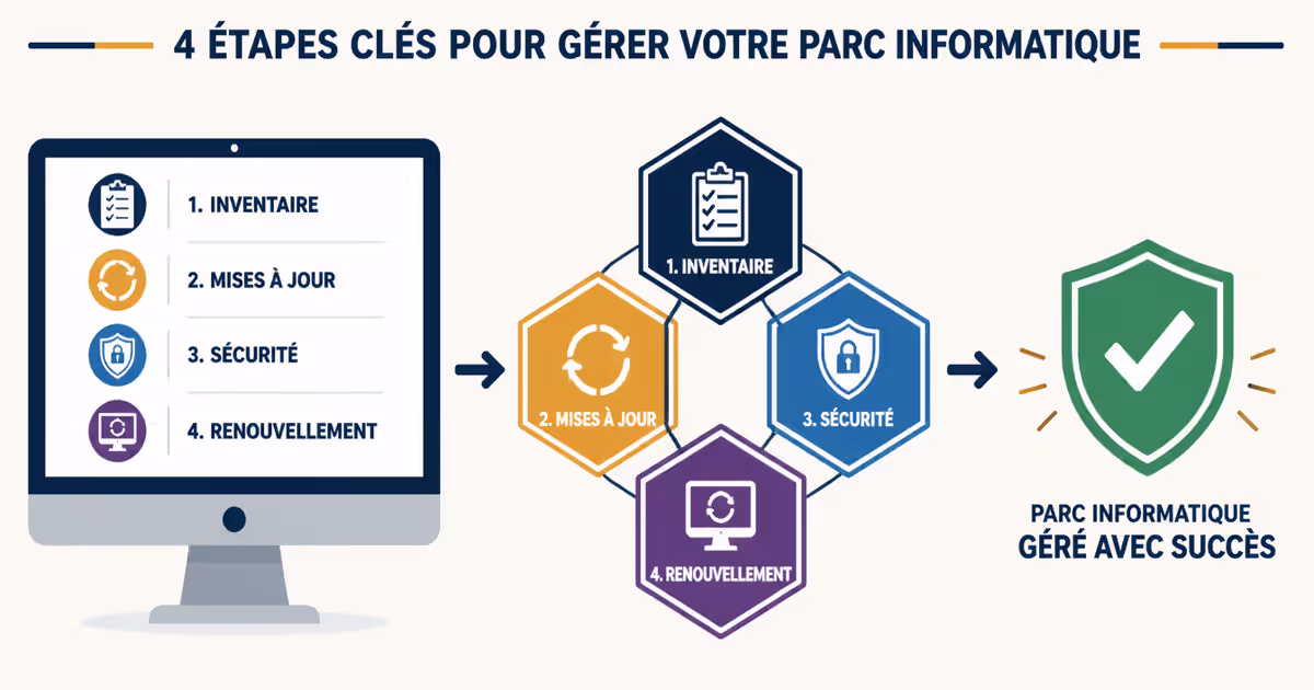Infographie montrant les quatre étapes clés pour gérer un parc informatique : inventaire, mises à jour, sécurité et renouvellement.
