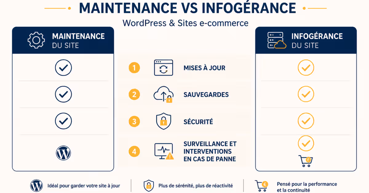 Infographie comparant maintenance et infogérance pour les sites WordPress et e-commerce.